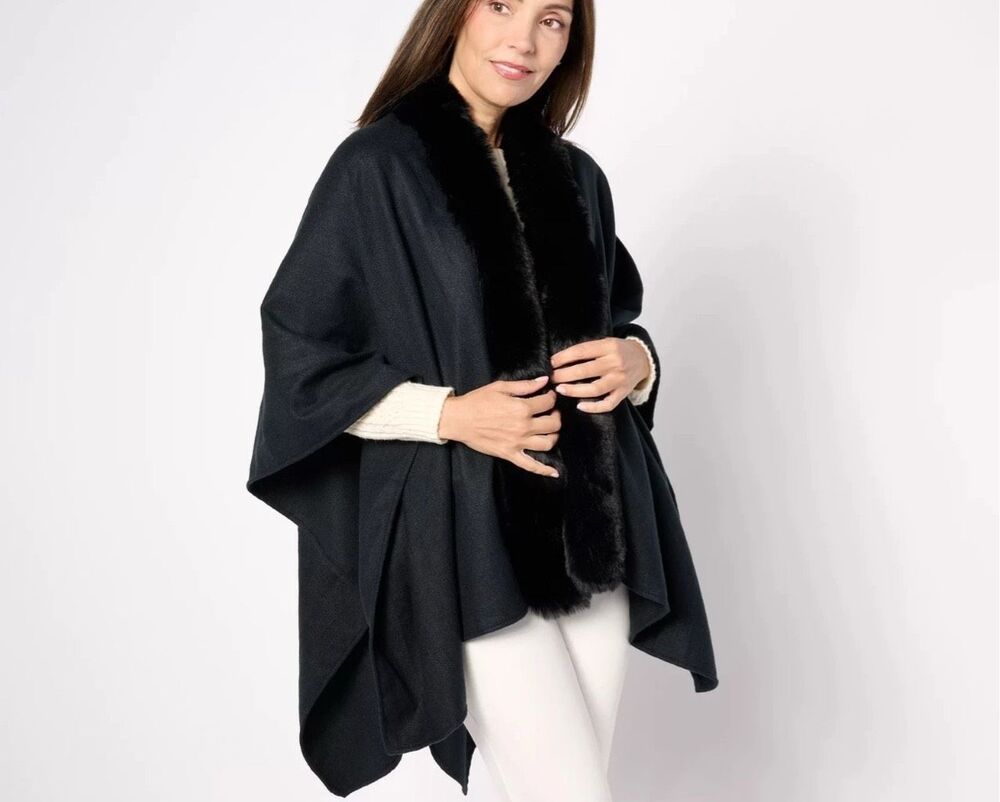 Belle by Kim Gravel Faux Fur Trim High Low Shawl Ruana ONE SIZE NEW